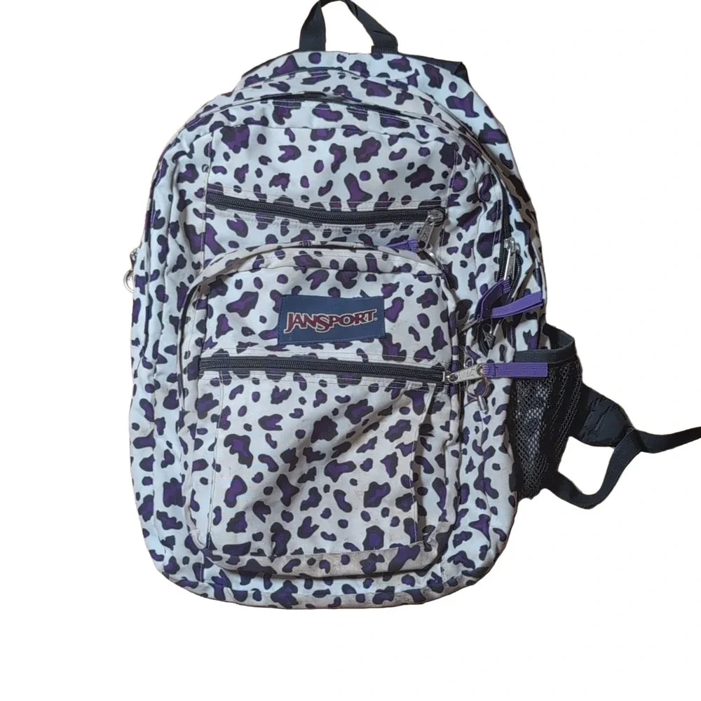 JanSport Leopard Print Backpack White Purple Black Bag